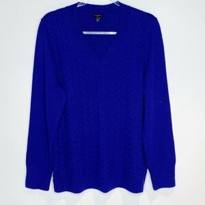 Talbots Woman Blue Pullover Cable Knit Sweater V Neck Lambswool Blend Size 2X